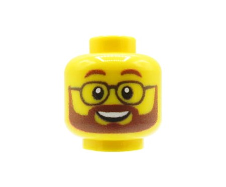 Custom LEGO Kopf – Mann mit braunem Bart, Schnurrbart, Brille und Lächeln, gelbes Gesicht – custom UV-Druck von Extra Extra Bricks