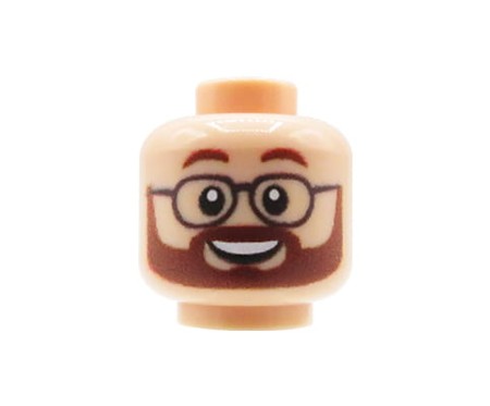 Custom LEGO Kopf – Mann mit braunem Bart, Schnurrbart, Brille und Lächeln, light nougat Gesicht – custom UV-Druck von Extra Extra Bricks
