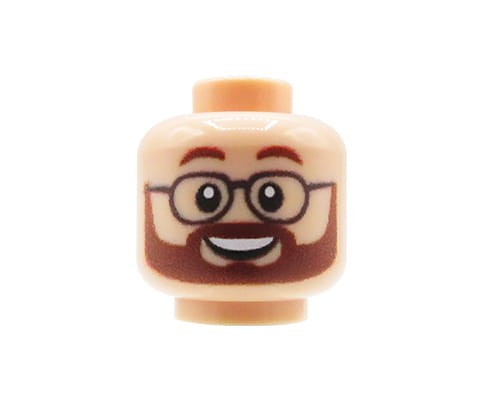 Accéder au produit Tête de figurine (Homme, Barbe brune et lunettes, Couleur chair) – Custom impression sur tête LEGO®