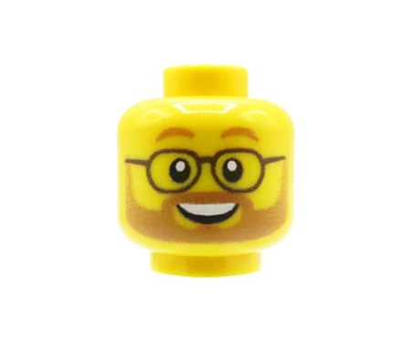 Główka LEGO custom w kolorze żółtym, męska, szeroki uśmiech, okulary, jasnobrązowa broda i wąsy, customowy nadruk UV od Extra Extra Bricks