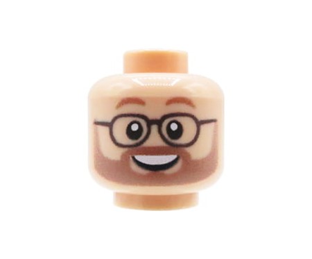 Główka LEGO custom  w kolorze cielistym (light nougat), mężczyzna w okularach, z jasną brązową brodą i wąsami, uśmiechnięty - customowy nadruk UV na główce LEGO od Extra Extra Bricks