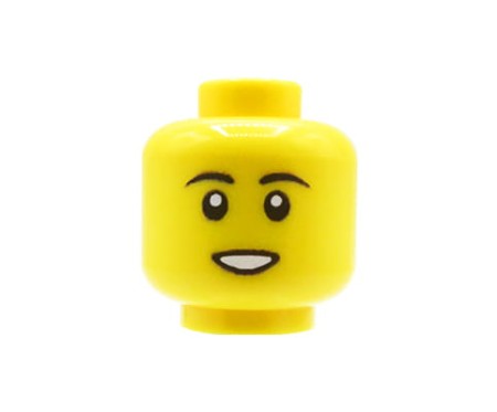 Custom LEGO Kopf – Mann mit dezentem Lächeln und schwarzen Augenbrauen, gelbes Gesicht – custom UV-Druck von Extra Extra Bricks