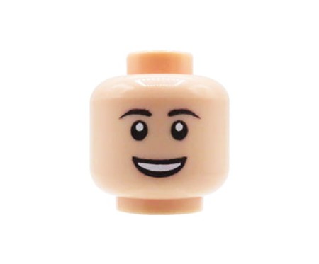 Custom LEGO Kopf – Mann mit breitem Lächeln und schwarzen Augenbrauen, light nougat Gesicht – custom UV-Druck von Extra Extra Bricks