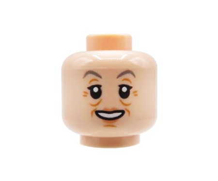 LEGO Minifigur Kopf Frau – lächelndes Gesicht, Falten, graue Augenbrauen, Hautton Light Nougat – neues originales LEGO® Kopfelement
