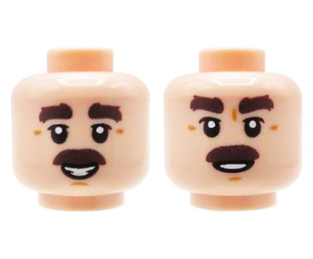 Główka LEGO figurki, jasna cielista twarz, mężczyzna, krzaczaste brązowe brwi i wąsy, dwustronna