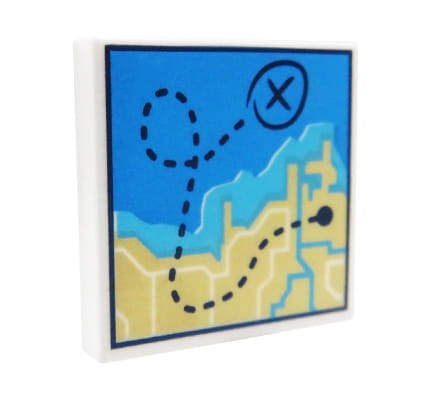 Mapa LEGO z narysowanym lądem i wodą oraz przerywaną linią wyznaczającą trasę, kolorystyka niebiesko-beżowa