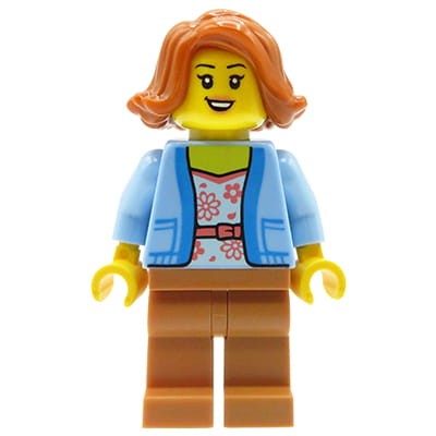 Figurka z zestawu LEGO City - kobieta w niebieskim swetrze z rudymi włosami do ramion