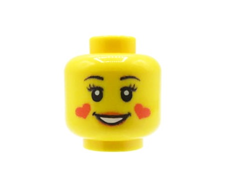Tête LEGO® custom – jaune, féminine, large sourire et cœurs sur les joues, impression UV originale par Extra Extra Bricks sur tête LEGO®