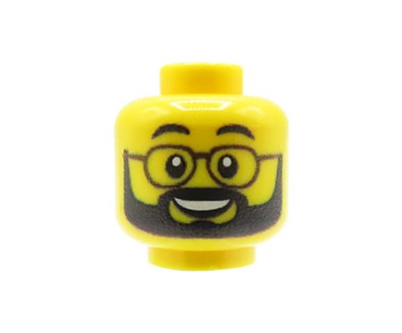 Tête LEGO® custom – jaune, masculine, barbe noire, lunettes, sourire, impression UV originale par Extra Extra Bricks sur tête LEGO®