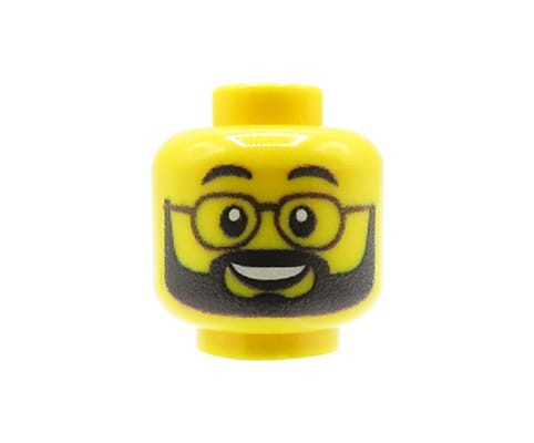 Accéder au produit Tête de figurine (masculine, barbe noire et lunettes, jaune) – Custom impression sur tête LEGO®
