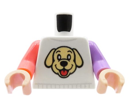 Custom LEGO® Torso – weißes Shirt mit Hundekopf-Motiv, Hände in Light Nougat, originaler UV-Druck von Extra Extra Bricks auf LEGO® Torso