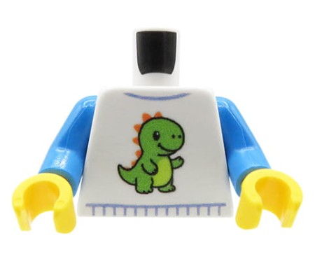 Torse LEGO® custom – chemise blanche avec dinosaure vert imprimé, bras bleus, mains jaunes, impression custom UV originale par Extra Extra Bricks