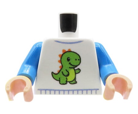 Custom LEGO® Torso – weißes Shirt mit Dinosaurier, blaue Arme, Hände in Light Nougat, custom UV-Druck von Extra Extra Bricks