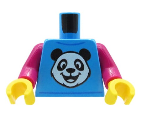Custom LEGO® Torso – t-shirt bleu et rose avec tête de panda, impression UV custom originale par Extra Extra Bricks sur torse LEGO® original