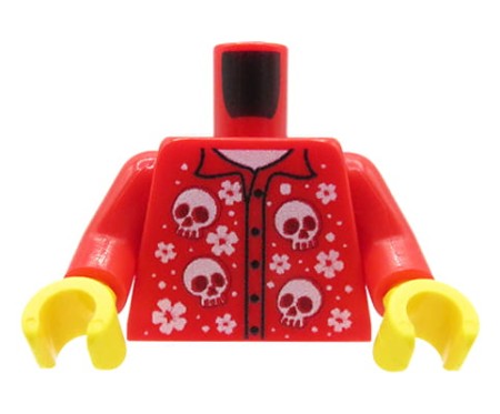 Custom LEGO® Torso – rotes Button-up-Hemd mit weißen Totenköpfen und Blumen, gelbe Hände, custom UV-Druck von Extra Extra Bricks