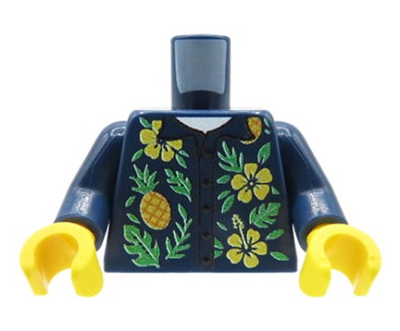 Custom LEGO® Torso – dunkelblaues Hawaiihemd mit gelben Blumen und grünen Blättern, custom UV-Druck von Extra Extra Bricks