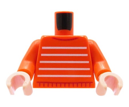 Custom LEGO® Torso – roter Pullover mit weißen Streifen, hautfarbene Hände, custom UV-Druck von Extra Extra Bricks auf originalem LEGO® Torso