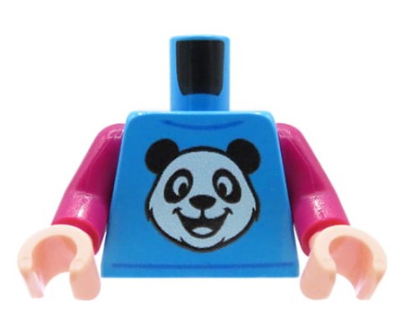 Custom LEGO® Torso – t-shirt bleu et rose avec tête de panda, mains couleur chair, impression UV custom originale par Extra Extra Bricks sur torse LEGO® original