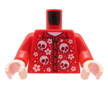 Custom LEGO® Torso – rotes Button-up-Hemd mit weißen Totenköpfen und Blumen, hautfarbene Hände, custom UV-Druck von Extra Extra Bricks
