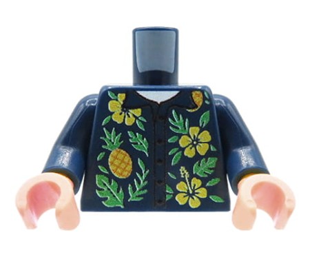 Custom LEGO® Torso – dunkelblaues Hawaiihemd mit gelb-grünem Blumenmuster, hautfarbene Hände, custom UV-Druck von Extra Extra Bricks