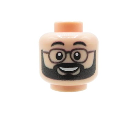 Custom LEGO® Minifiguren-Kopf, männlich, schwarzer Bart, Brille, Lächeln, hautfarbiges Gesicht – originaler custom UV-Druck von Extra Extra Bricks auf LEGO® Kopf