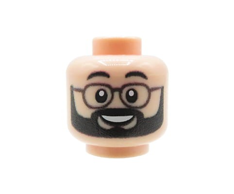 Accéder au produit Tête de figurine (Homme, Barbe noire et lunettes, Couleur chair) – Custom impression sur tête LEGO®