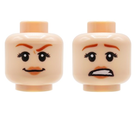 Tête de figurine LEGO® couleur chair (Light Nougat), féminine, double face, expression souriante / expression effrayée