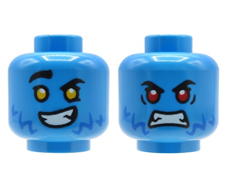 Tête de figurine LEGO®, visage d’extraterrestre bleu, double face – d’un côté sourire et yeux jaunes, de l’autre expression en colère avec yeux rouges