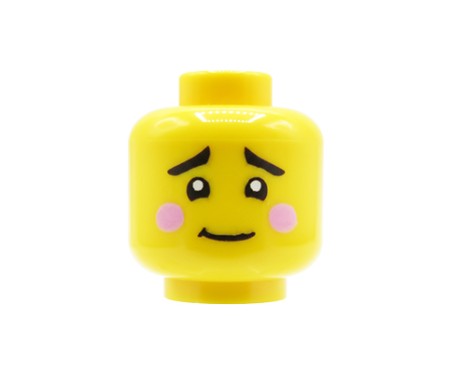 LEGO® Minifiguren-Kopf in Gelb, männliches Gesicht, verlegener Gesichtsausdruck, rote Wangen