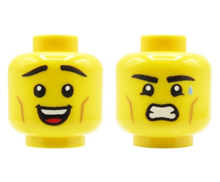 Tête de figurine LEGO®, couleur jaune, visage masculin double face, large sourire / expression en colère
