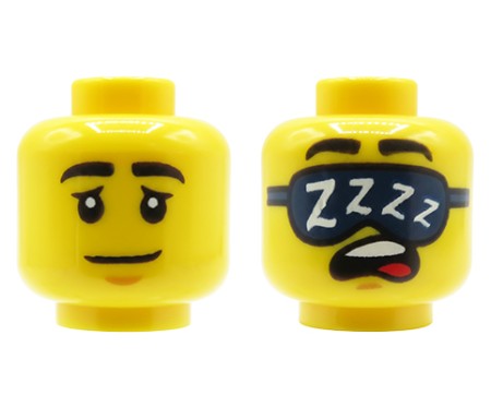 Tête de figurine LEGO®, jaune, masculine, double face – expression neutre / visage endormi avec bandeau sur les yeux