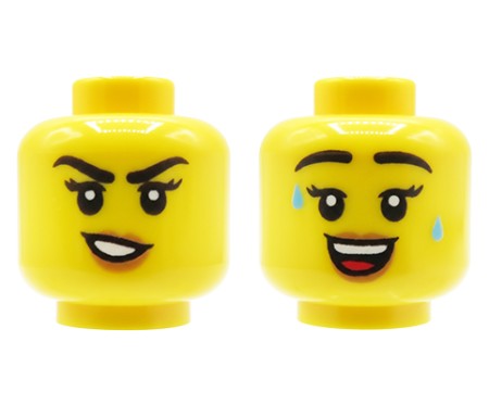 Głowa figurki LEGO, kobieta, żółta dwustronna twarz - przekrzywiony uśmieszek / szeroki uśmiech i krople potu