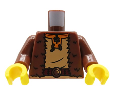 Torse de figurine LEGO®, tenue médiévale, fourrure marron, chemise beige lacée au cou, ceinture marron