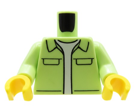 Tors figurki LEGO, rozpięta kurtka w kolorze jasnym zielonym z widoczną białą koszulką pod spodem