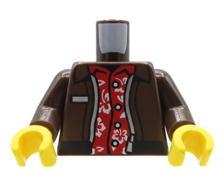 Torse de figurine LEGO®, veste marron ouverte avec chemise hawaïenne rouge visible en dessous