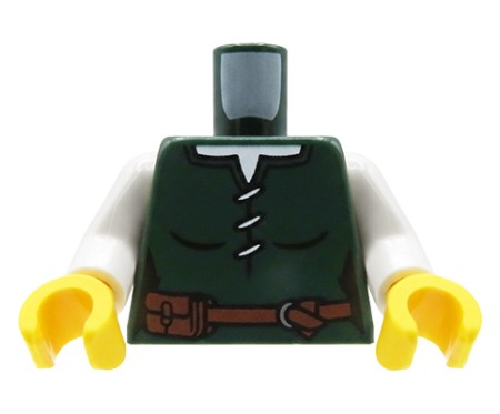 LEGO® Minifiguren-Torso, dunkelgrüne geschnürte Tunika für Frau, brauner Gürtel mit Tasche, weißes Untershirt