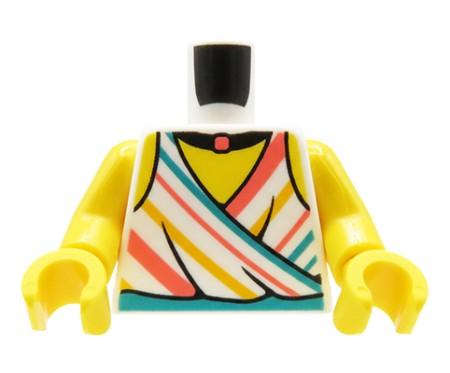 Tors figurki LEGO, biała bluzka damska, bez rękawów, z wiązaniem na plecach, w kolorowe paski.