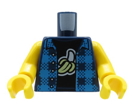 Torse de figurine LEGO®, chemise bleue à carreaux sans manches, ouverte, avec chemise bleu foncé à motif banane en dessous