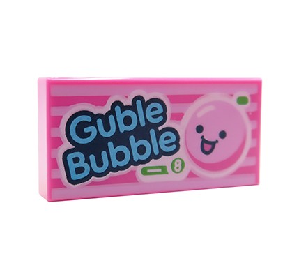 Guma balonowa LEGO, różowe opakowanie z niebieskim napisem