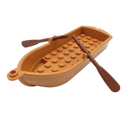 Łódka dla figurki LEGO, kolor jasny brązowy, z dwoma brązowymi wiosłami