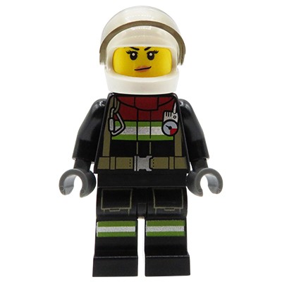 Figurka LEGO City, kobieta strażak w czarnym kombinezonie i białym kasku