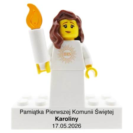 Personalizowana figurka LEGO® ze świecą i napisem - pamiątka na komunię dla dziewczynki