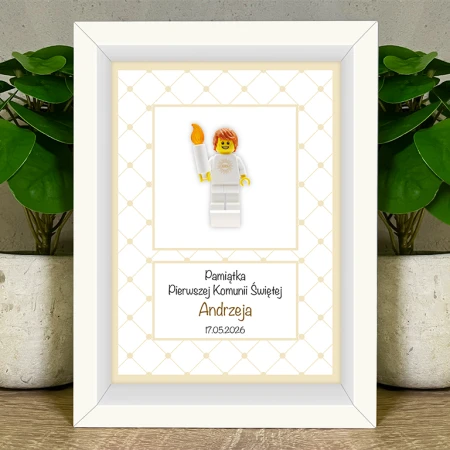 Personalizowana figurka LEGO® w ramce komunijnej - pamiątka na komunię święta dla chłopca