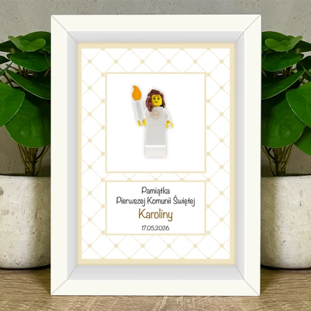 Personalizowana figurka LEGO® w ramce komunijnej - pamiątka na komunię świętą dla dziewczynki