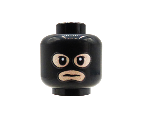 Zum Produkt Minifiguren-Kopf (schwarze Balaclava, hautfarbenes Gesicht) – Custom Druck auf LEGO® Kopf