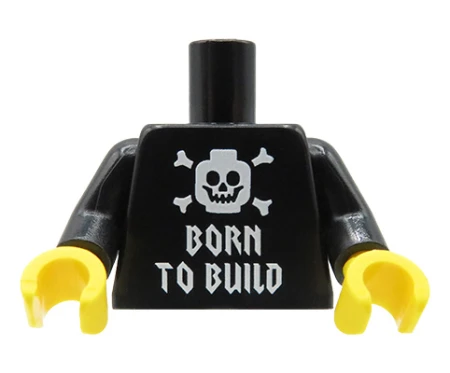 Custom LEGO Torso – schwarzes T-Shirt mit „Born to Build“-Aufdruck und Totenkopf