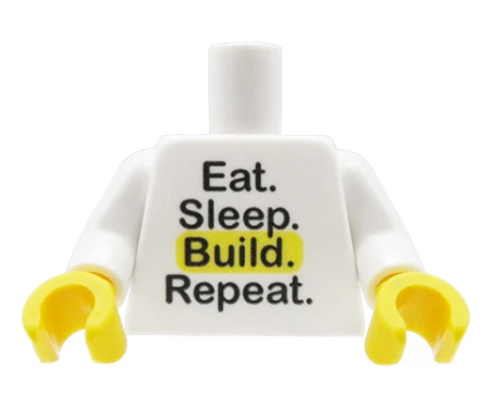 Tors LEGO custom - biała koszulka z napisem Eat Sleep Build Repeat