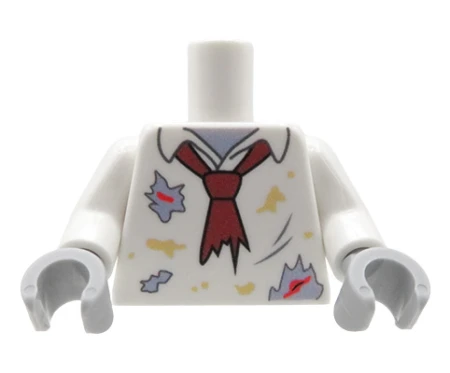 Tors LEGO custom - Zombie - biała koszula z krawatem, podarta, plamy brudu i krwi, szare dłonie
