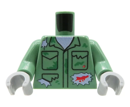 Custom LEGO Torso – Zombie – sandgrüne Jacke / Overall mit Rissen, Blut- und Schmutzflecken, graue Hände