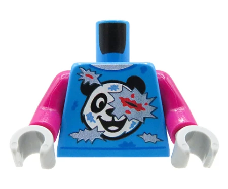 Custom LEGO Torso – Zombie – buntes T-Shirt mit Panda, Rissen und Blutflecken, graue Hände